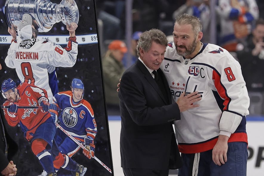 Alex Ovechkin, right, is greeted by Wayne Gretzky