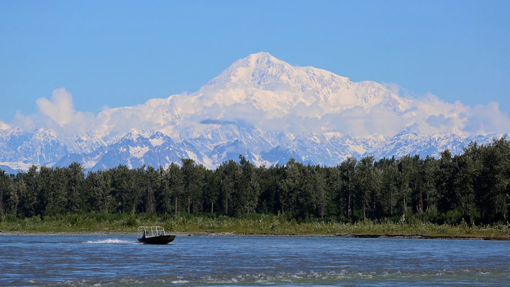 Mount Denali seen the background of a photo from Talkeetna, Al