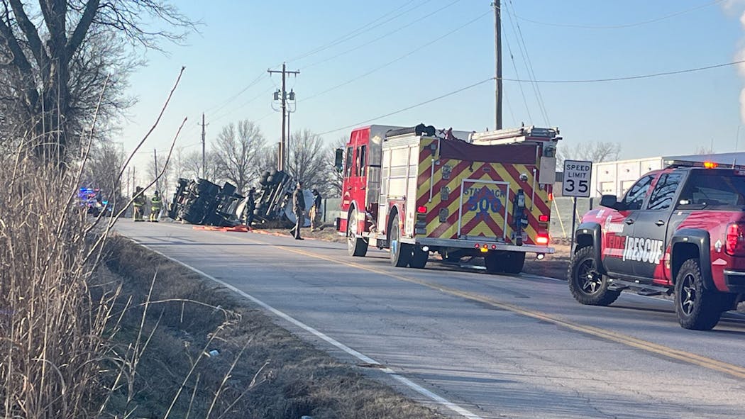 Overturned semi on Hwy 266 near Verdigris